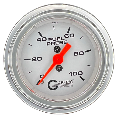 GAFFRIG 2 INCH MECHANICAL FUEL PRESSURE 0-100 PSI GAUGE STEP RIM (002) / CHROME/POLISHED / WHITE