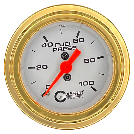 GAFFRIG 2 INCH MECHANICAL FUEL PRESSURE 0-100 PSI GAUGE STEP RIM (002) / GOLD / WHITE