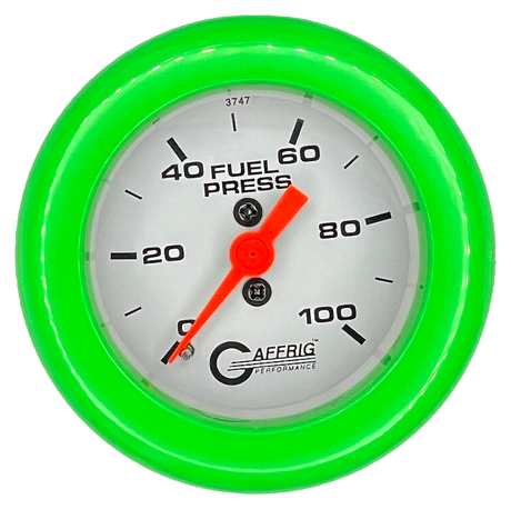 GAFFRIG 2 INCH MECHANICAL FUEL PRESSURE 0-100 PSI GAUGE FAT RIM (218) / LIME GREEN / WHITE