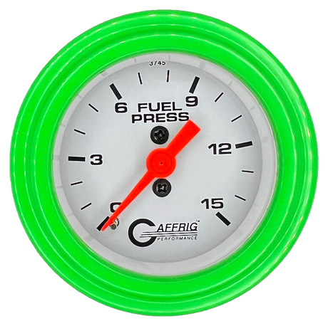 GAFFRIG 2 INCH MECHANICAL FUEL PRESSURE 0-015 PSI GAUGE STEP RIM (002) / LIME GREEN / WHITE