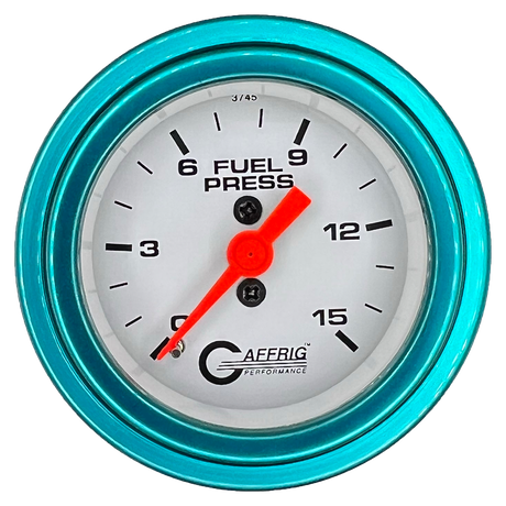 GAFFRIG 2 INCH MECHANICAL FUEL PRESSURE 0-015 PSI GAUGE STEP RIM (002) / TEAL / WHITE