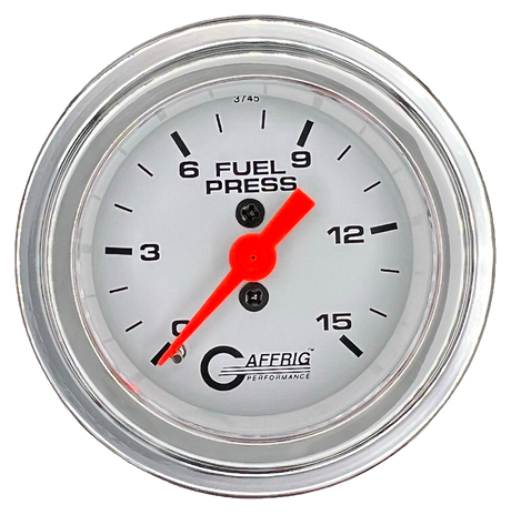 GAFFRIG 2 INCH MECHANICAL FUEL PRESSURE 0-015 PSI GAUGE STEP RIM (002) / CHROME/POLISHED / WHITE