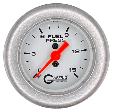 GAFFRIG 2 INCH MECHANICAL FUEL PRESSURE 0-015 PSI GAUGE FAT RIM (218) / PLATINUM / WHITE