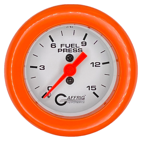 GAFFRIG 2 INCH MECHANICAL FUEL PRESSURE 0-015 PSI GAUGE FAT RIM (218) / ORANGE / WHITE