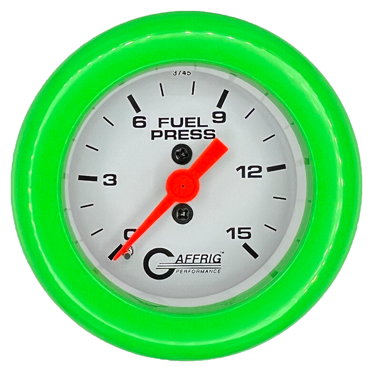 GAFFRIG 2 INCH MECHANICAL FUEL PRESSURE 0-015 PSI GAUGE FAT RIM (218) / LIME GREEN / WHITE