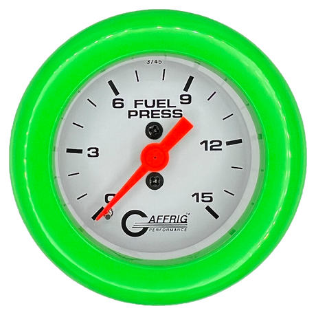 GAFFRIG 2 INCH MECHANICAL FUEL PRESSURE 0-015 PSI GAUGE FAT RIM (218) / LIME GREEN / WHITE