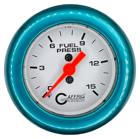 GAFFRIG 2 INCH MECHANICAL FUEL PRESSURE 0-015 PSI GAUGE FAT RIM (218) / TEAL / WHITE