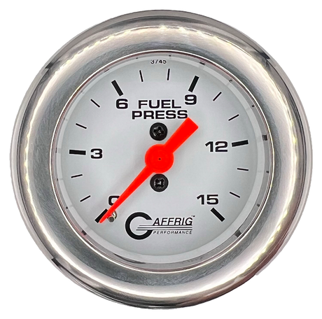 GAFFRIG 2 INCH MECHANICAL FUEL PRESSURE 0-015 PSI GAUGE FAT RIM (218) / CHROME/POLISHED / WHITE