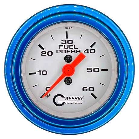 GAFFRIG 2 INCH MECHANICAL FUEL PRESSURE GAUGE 0-60 PSI GAUGE STEP RIM (002) / BLUE / WHITE