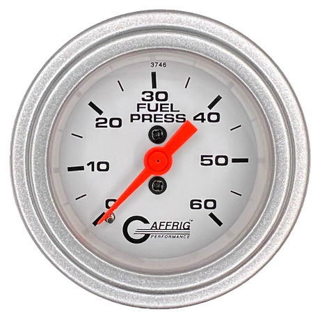 GAFFRIG 2 INCH MECHANICAL FUEL PRESSURE GAUGE 0-60 PSI GAUGE STEP RIM (002) / PLATINUM / WHITE