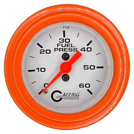 GAFFRIG 2 INCH MECHANICAL FUEL PRESSURE GAUGE 0-60 PSI GAUGE STEP RIM (002) / ORANGE / WHITE