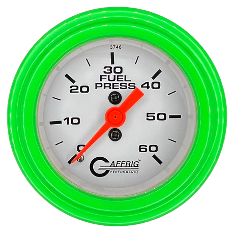 GAFFRIG 2 INCH MECHANICAL FUEL PRESSURE GAUGE 0-60 PSI GAUGE STEP RIM (002) / LIME GREEN / WHITE