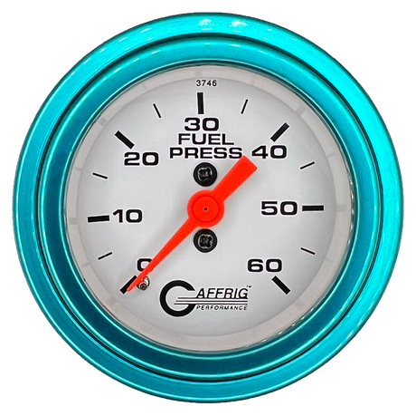 GAFFRIG 2 INCH MECHANICAL FUEL PRESSURE GAUGE 0-60 PSI GAUGE STEP RIM (002) / TEAL / WHITE