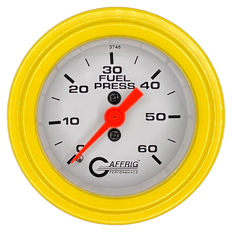 GAFFRIG 2 INCH MECHANICAL FUEL PRESSURE GAUGE 0-60 PSI GAUGE STEP RIM (002) / YELLOW / WHITE