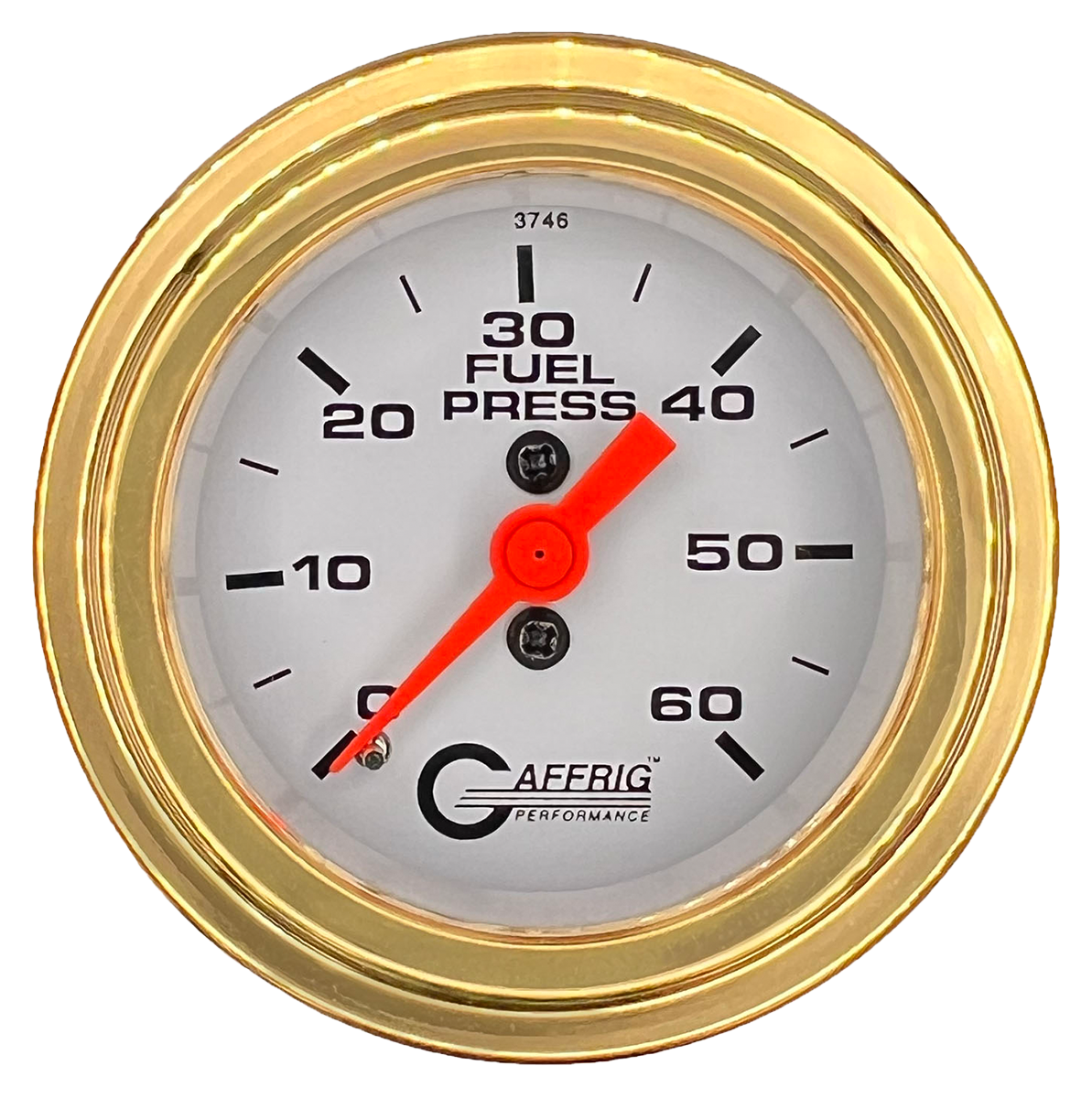 GAFFRIG 2 INCH MECHANICAL FUEL PRESSURE GAUGE 0-60 PSI GAUGE STEP RIM (002) / GOLD / WHITE