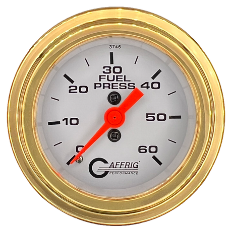 GAFFRIG 2 INCH MECHANICAL FUEL PRESSURE GAUGE 0-60 PSI GAUGE STEP RIM (002) / GOLD / WHITE