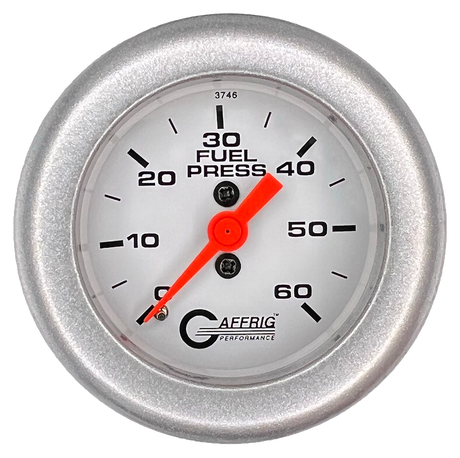 GAFFRIG 2 INCH MECHANICAL FUEL PRESSURE GAUGE 0-60 PSI GAUGE FAT RIM (218) / PLATINUM / WHITE