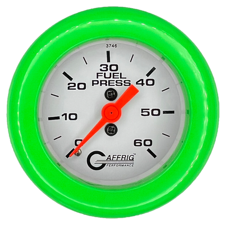 GAFFRIG 2 INCH MECHANICAL FUEL PRESSURE GAUGE 0-60 PSI GAUGE FAT RIM (218) / LIME GREEN / WHITE