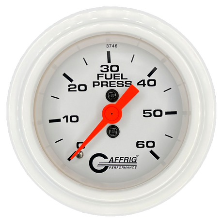 GAFFRIG 2 INCH MECHANICAL FUEL PRESSURE GAUGE 0-60 PSI GAUGE STEP RIM (002) / WHITE / WHITE