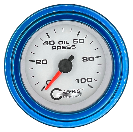 GAFFRIG 2 INCH MECHANICAL OIL PRESSURE 0-100 PSI GAUGE STEP RIM (002) / BLUE / WHITE