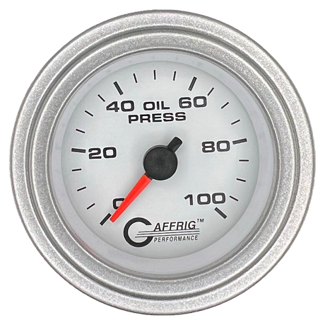 GAFFRIG 2 INCH MECHANICAL OIL PRESSURE 0-100 PSI GAUGE STEP RIM (002) / PLATINUM / WHITE