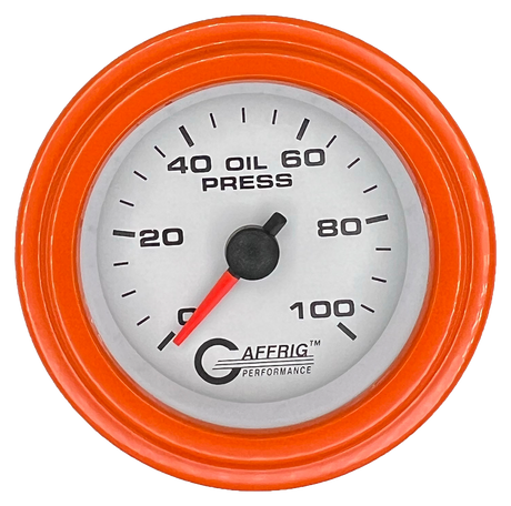 GAFFRIG 2 INCH MECHANICAL OIL PRESSURE 0-100 PSI GAUGE STEP RIM (002) / ORANGE / WHITE