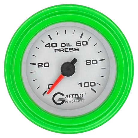 GAFFRIG 2 INCH MECHANICAL OIL PRESSURE 0-100 PSI GAUGE STEP RIM (002) / LIME GREEN / WHITE