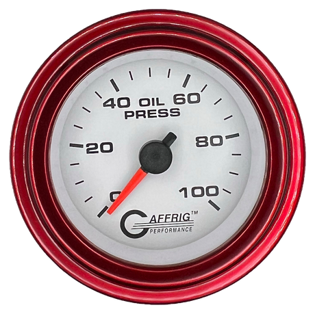 GAFFRIG 2 INCH MECHANICAL OIL PRESSURE 0-100 PSI GAUGE STEP RIM (002) / RED / WHITE