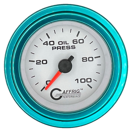 GAFFRIG 2 INCH MECHANICAL OIL PRESSURE 0-100 PSI GAUGE STEP RIM (002) / TEAL / WHITE