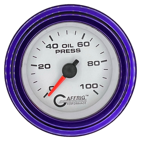 GAFFRIG 2 INCH MECHANICAL OIL PRESSURE 0-100 PSI GAUGE STEP RIM (002) / PURPLE / WHITE