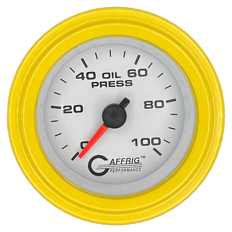 GAFFRIG 2 INCH MECHANICAL OIL PRESSURE 0-100 PSI GAUGE STEP RIM (002) / YELLOW / WHITE