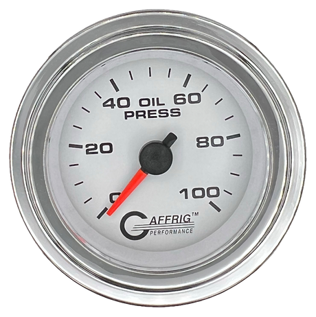 GAFFRIG 2 INCH MECHANICAL OIL PRESSURE 0-100 PSI GAUGE STEP RIM (002) / CHROME/POLISHED / WHITE