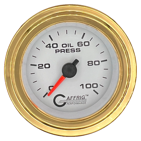 GAFFRIG 2 INCH MECHANICAL OIL PRESSURE 0-100 PSI GAUGE STEP RIM (002) / GOLD / WHITE