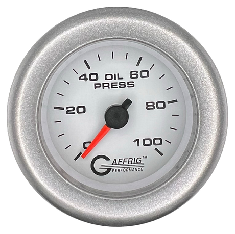 GAFFRIG 2 INCH MECHANICAL OIL PRESSURE 0-100 PSI GAUGE FAT RIM (218) / PLATINUM / WHITE