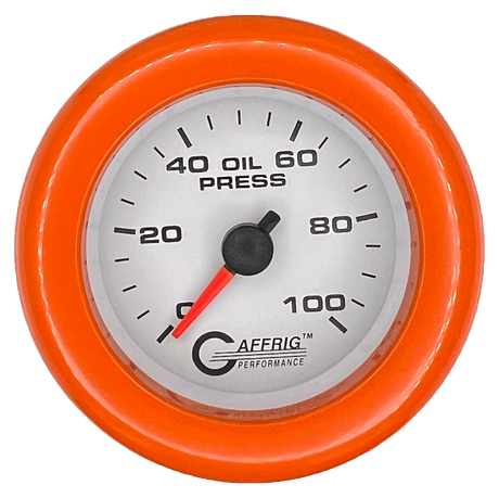 GAFFRIG 2 INCH MECHANICAL OIL PRESSURE 0-100 PSI GAUGE FAT RIM (218) / ORANGE / WHITE