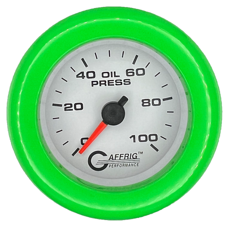 GAFFRIG 2 INCH MECHANICAL OIL PRESSURE 0-100 PSI GAUGE FAT RIM (218) / LIME GREEN / WHITE