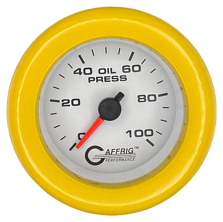 GAFFRIG 2 INCH MECHANICAL OIL PRESSURE 0-100 PSI GAUGE FAT RIM (218) / YELLOW / WHITE