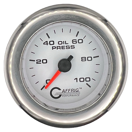 GAFFRIG 2 INCH MECHANICAL OIL PRESSURE 0-100 PSI GAUGE FAT RIM (218) / CHROME/POLISHED / WHITE