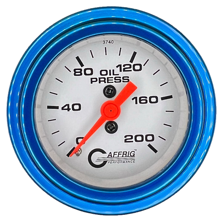 GAFFRIG 2 INCH MECHANICAL OIL PRESSURE 0-200 PSI GAUGE STEP RIM (002) / BLUE / WHITE