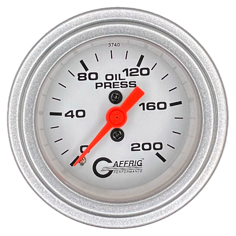 GAFFRIG 2 INCH MECHANICAL OIL PRESSURE 0-200 PSI GAUGE STEP RIM (002) / PLATINUM / WHITE