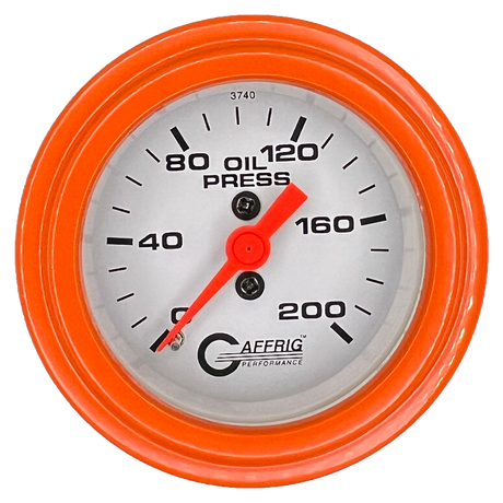 GAFFRIG 2 INCH MECHANICAL OIL PRESSURE 0-200 PSI GAUGE STEP RIM (002) / ORANGE / WHITE