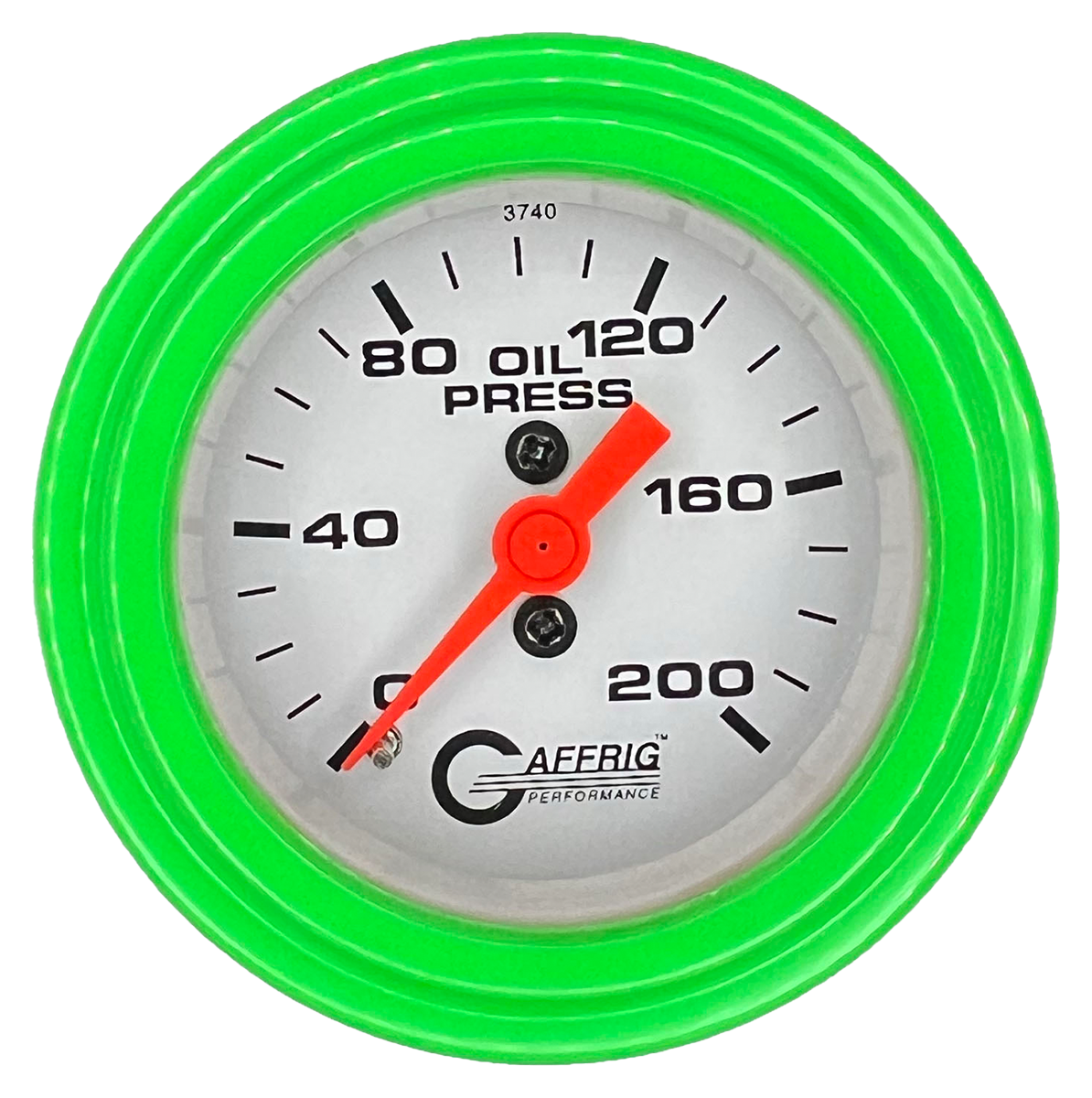 GAFFRIG 2 INCH MECHANICAL OIL PRESSURE 0-200 PSI GAUGE STEP RIM (002) / LIME GREEN / WHITE