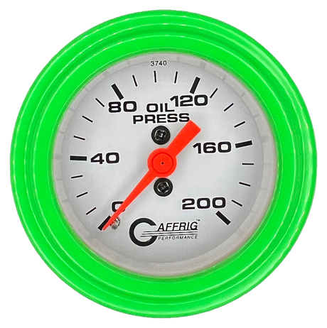 GAFFRIG 2 INCH MECHANICAL OIL PRESSURE 0-200 PSI GAUGE STEP RIM (002) / LIME GREEN / WHITE