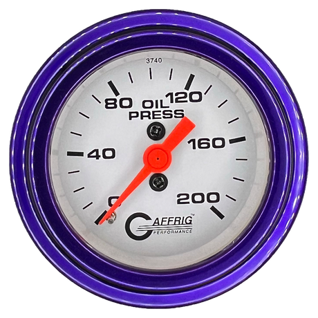 GAFFRIG 2 INCH MECHANICAL OIL PRESSURE 0-200 PSI GAUGE STEP RIM (002) / PURPLE / WHITE