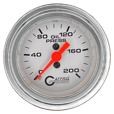 GAFFRIG 2 INCH MECHANICAL OIL PRESSURE 0-200 PSI GAUGE STEP RIM (002) / CHROME/POLISHED / WHITE