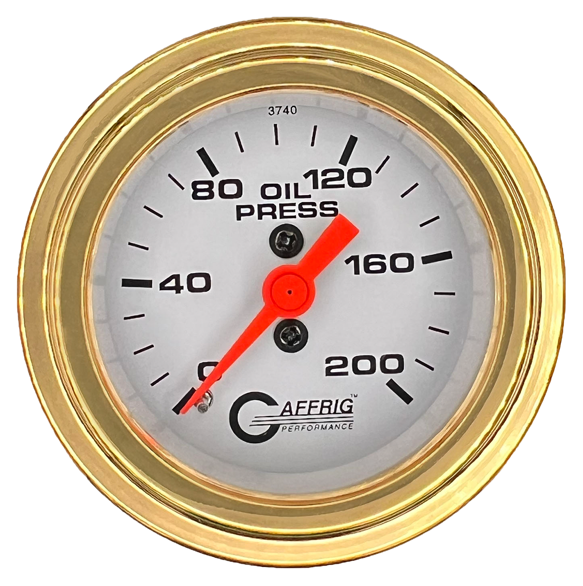 GAFFRIG 2 INCH MECHANICAL OIL PRESSURE 0-200 PSI GAUGE STEP RIM (002) / GOLD / WHITE