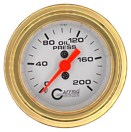 GAFFRIG 2 INCH MECHANICAL OIL PRESSURE 0-200 PSI GAUGE STEP RIM (002) / GOLD / WHITE