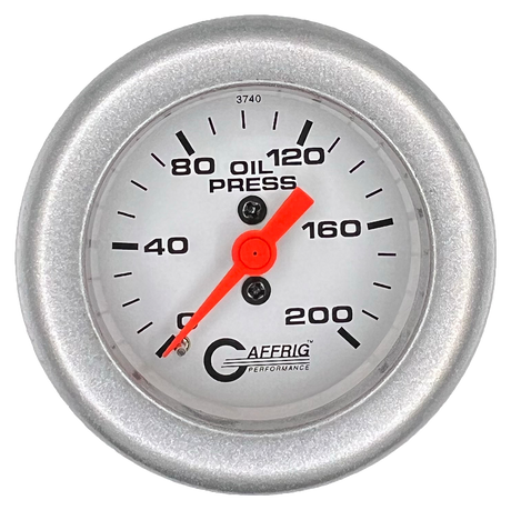 GAFFRIG 2 INCH MECHANICAL OIL PRESSURE 0-200 PSI GAUGE FAT RIM (218) / PLATINUM / WHITE