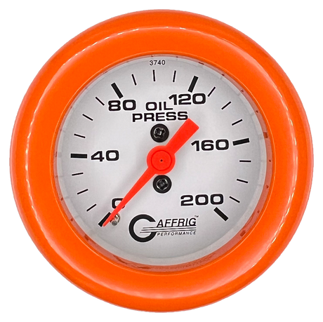 GAFFRIG 2 INCH MECHANICAL OIL PRESSURE 0-200 PSI GAUGE FAT RIM (218) / ORANGE / WHITE