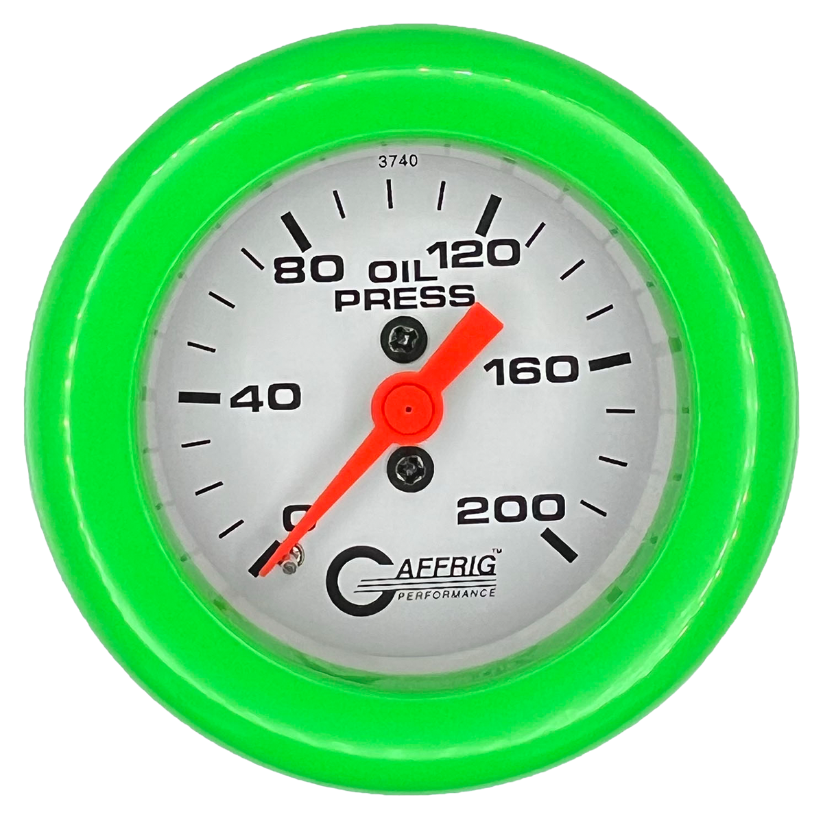 GAFFRIG 2 INCH MECHANICAL OIL PRESSURE 0-200 PSI GAUGE FAT RIM (218) / LIME GREEN / WHITE